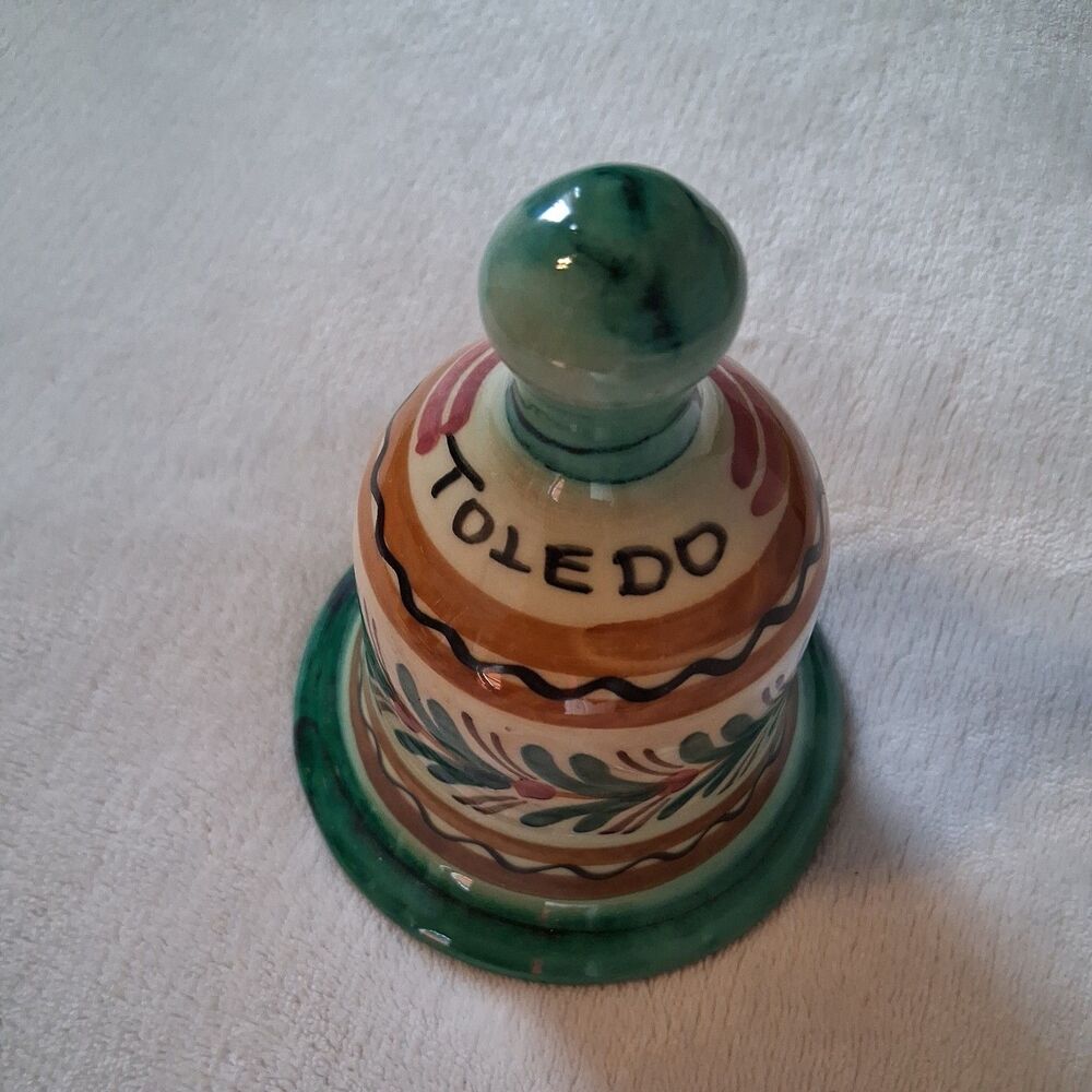Spain Pottery Toledo Hand Painted Ceramic Bell 4.5" Multicolor Pine
